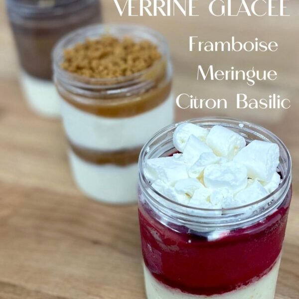 Verrine glacée Expression Sucrée Pâtisserie Framboise Meringue Citron Basilic